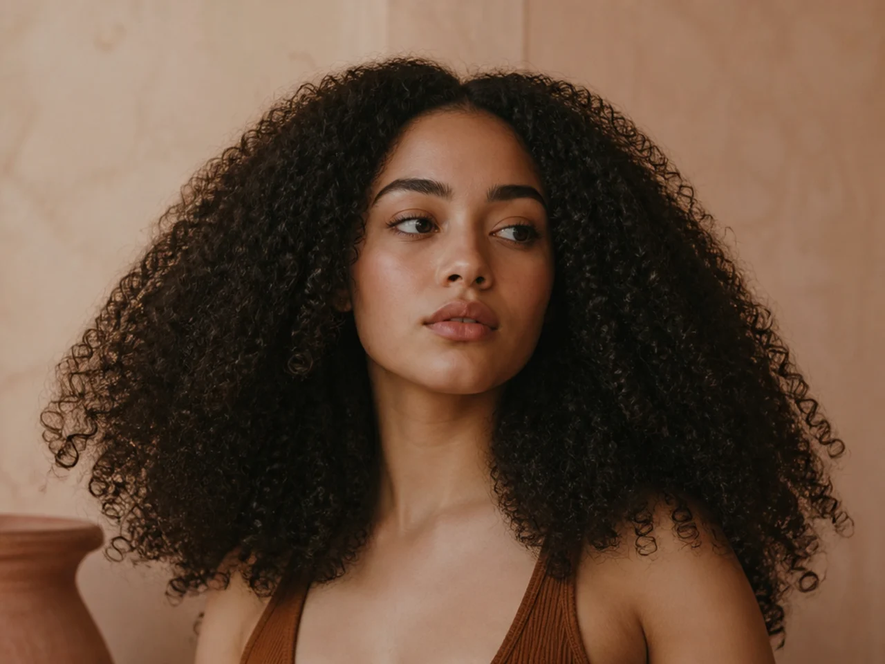 Curly hair spreading into a wide triangular shape with a flat crown