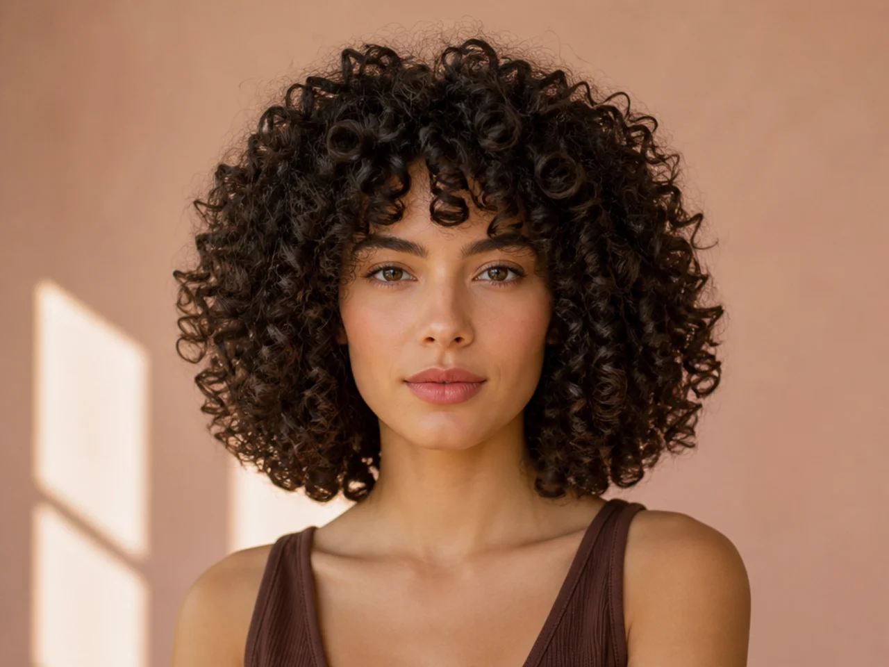Front view of a curly cut with volume concentrated at the crown and below the jawline