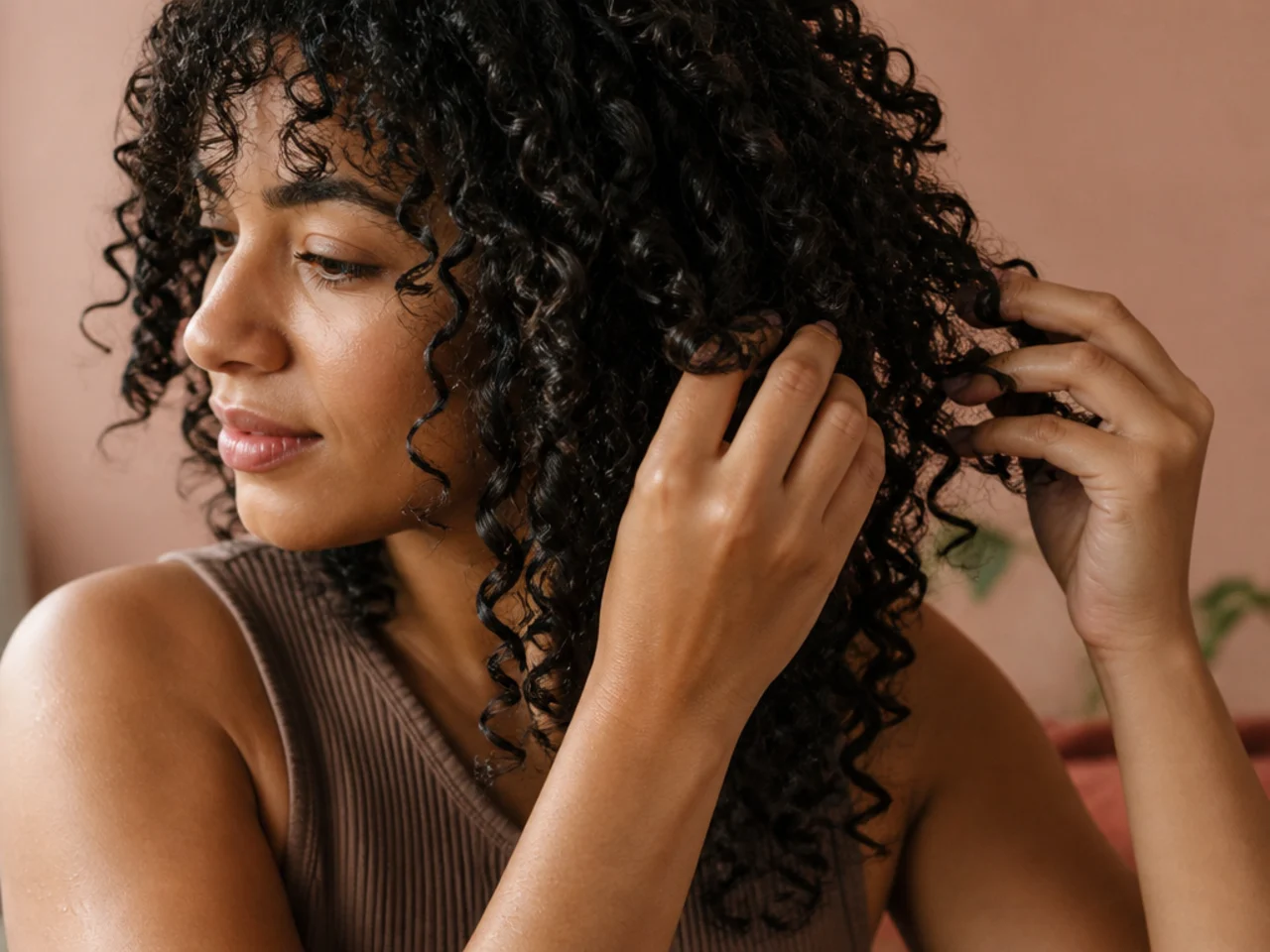 Hands scrunching dry gel cast out of a set of defined curls