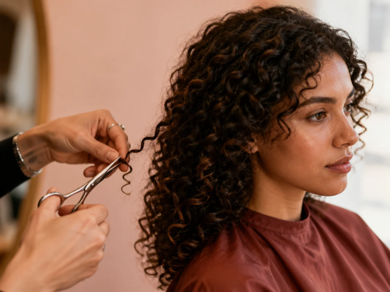 A stylist cutting a single dry curl clump with the rest of the hair left untouched