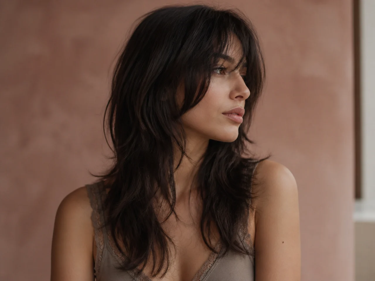 Long fine hair layered evenly through the head in a shag leaning wolf cut