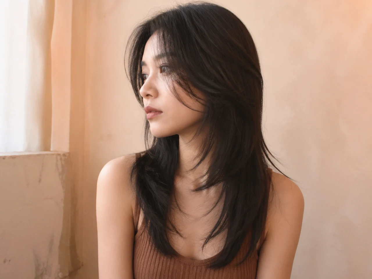 Straight fine hair cut into a long wolf cut with soft layer edges