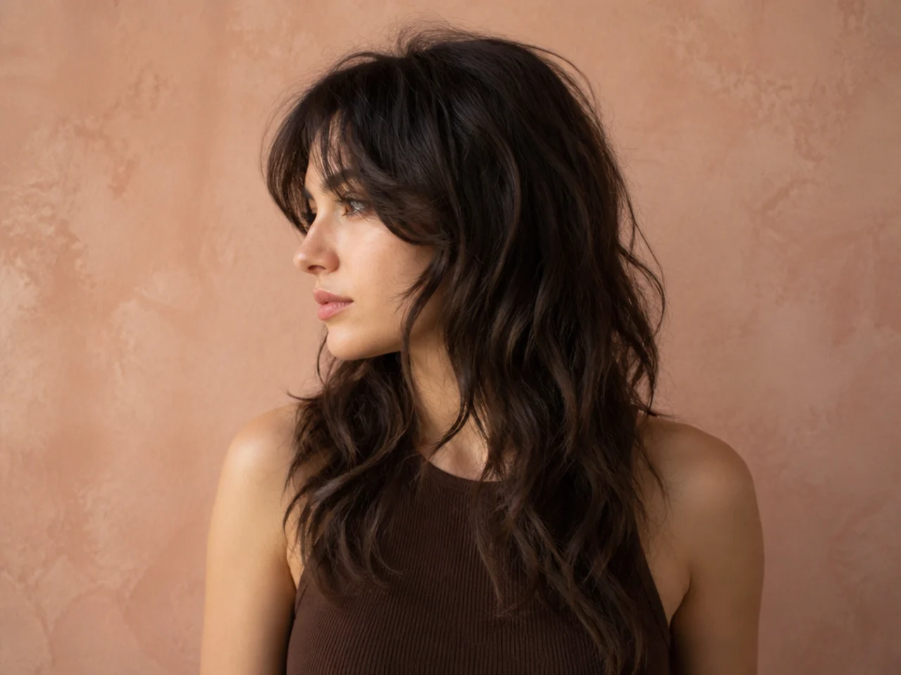 Wavy fine hair in a long wolf cut with natural bend through the layers