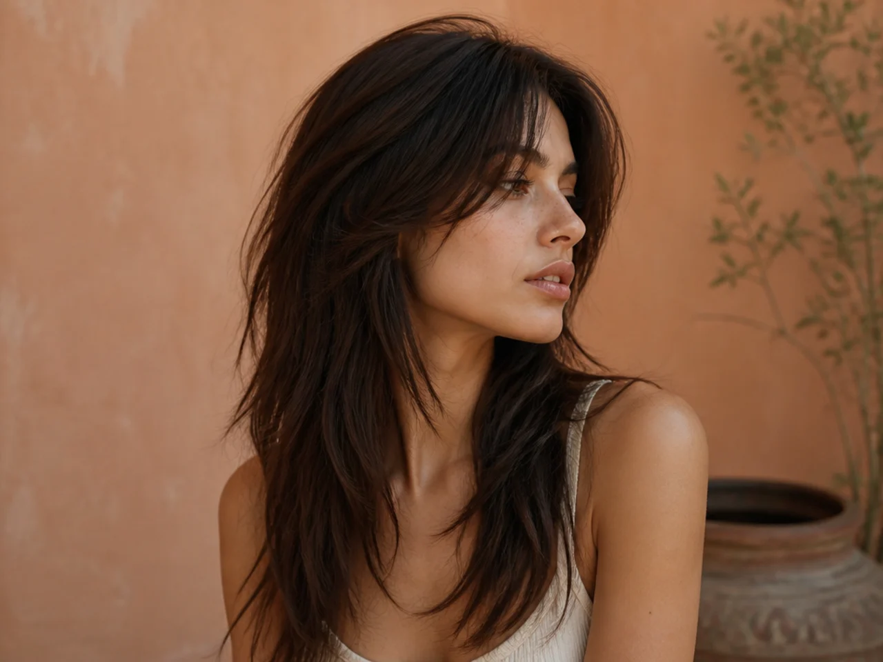Long fine hair with lifted roots at the crown of a wolf cut