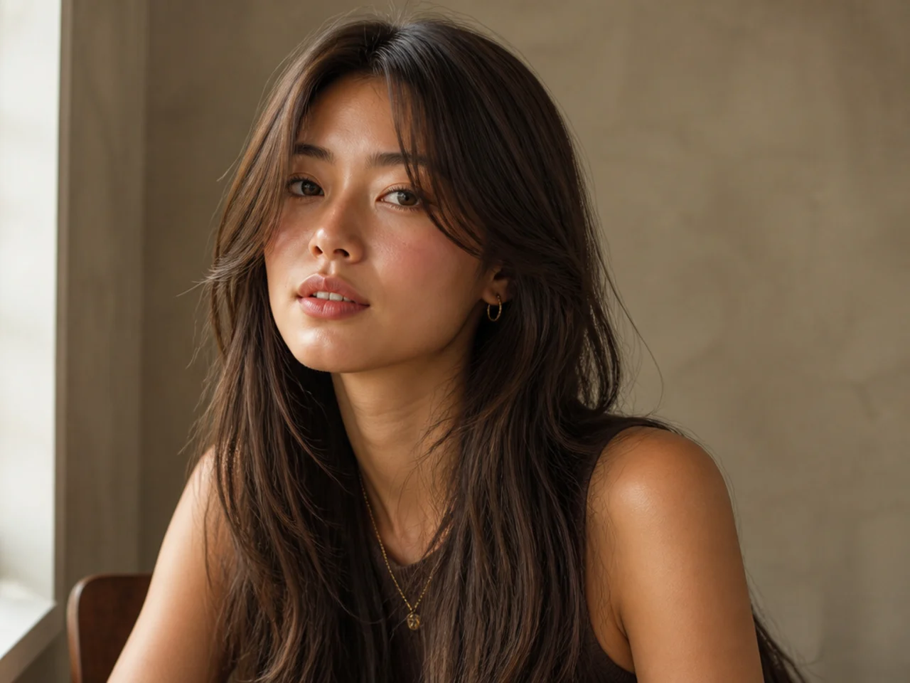 Long fine hair with curtain bangs parted at the centre and swept to both sides