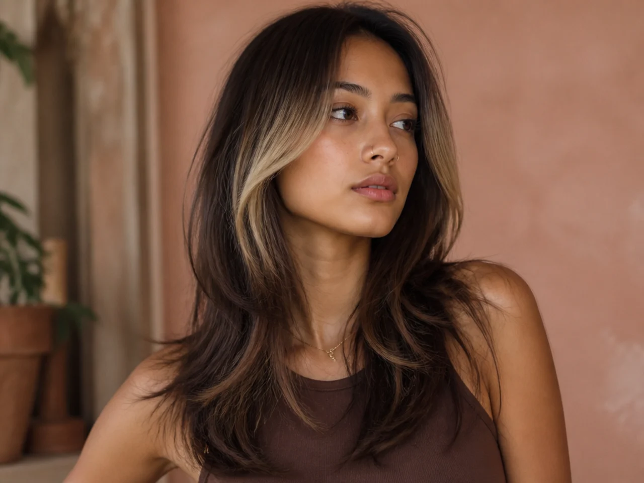 Long fine wolf cut with two lightened face framing sections