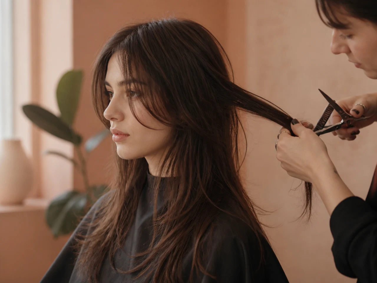 Long fine hair being cut dry into wolf cut layers