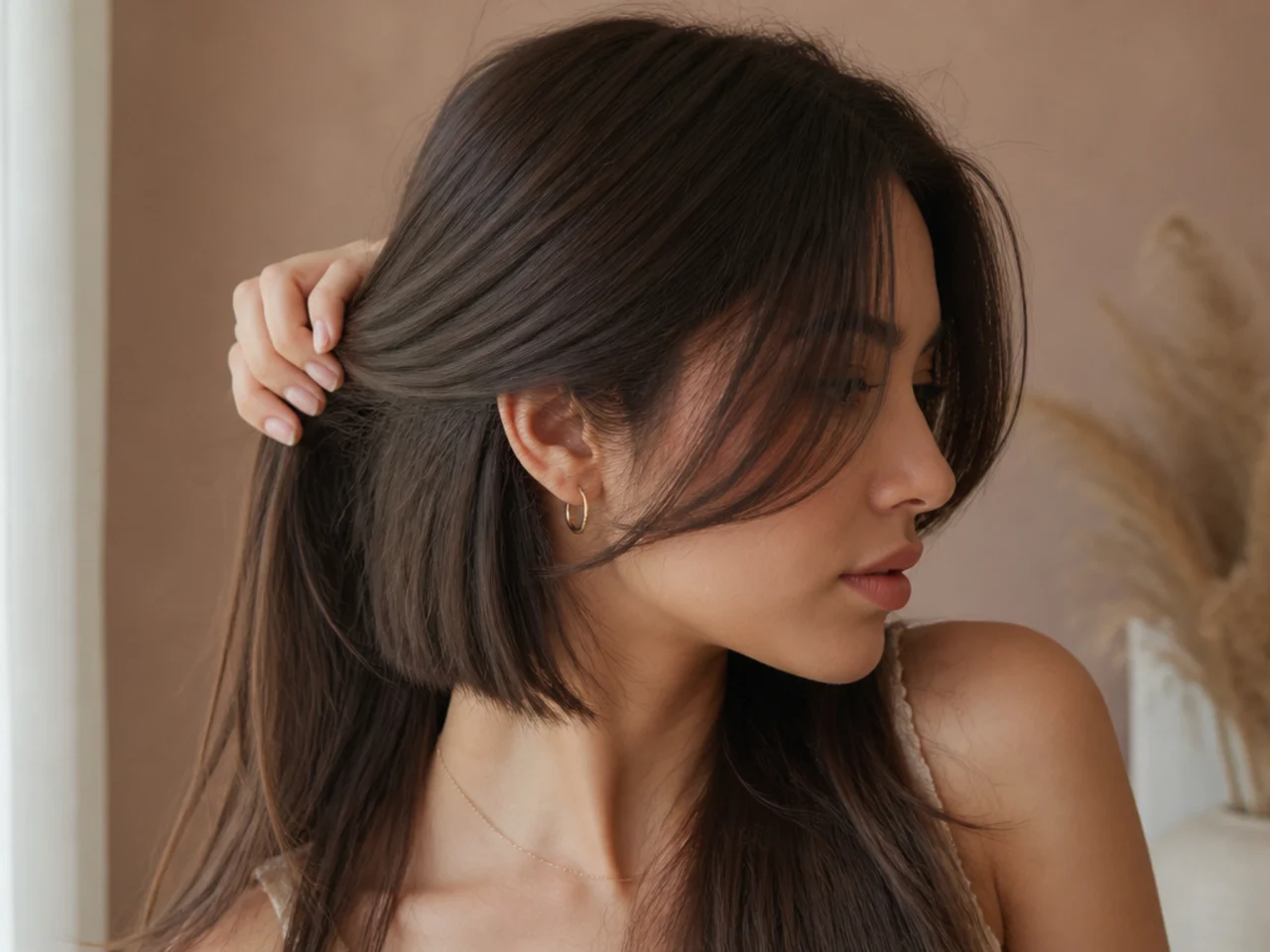 Long fine hair with a hidden short layer underneath the top section