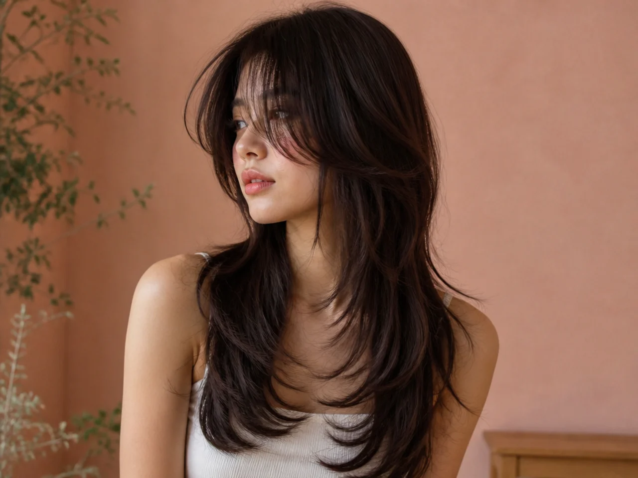 Long fine hair cut into two distinct lengths in a butterfly leaning wolf cut
