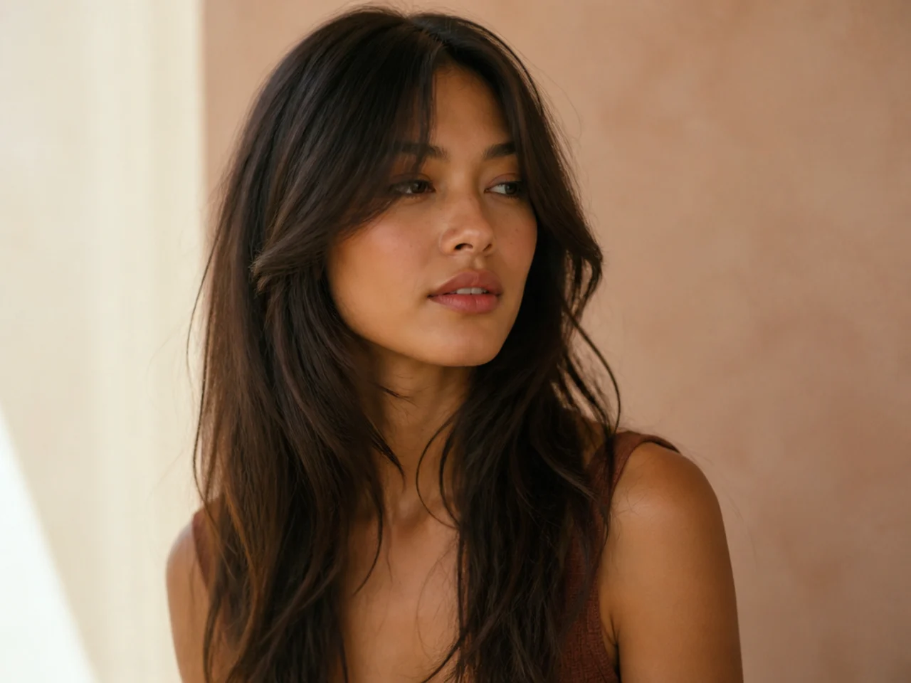 Long fine hair with a bottleneck fringe narrow at the top and wide at the cheekbone