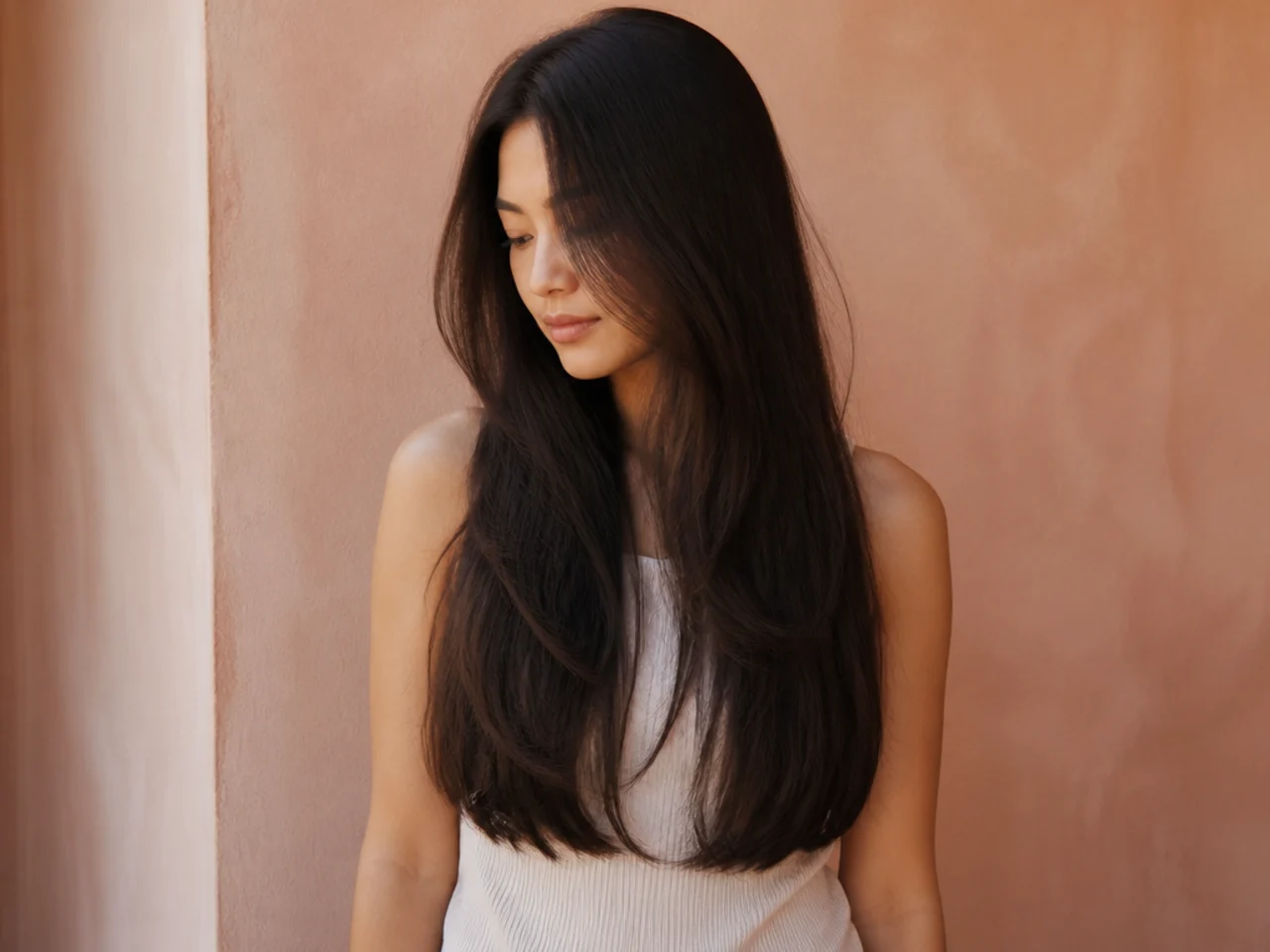 Long fine hair with hidden internal layers and a full unlayered hem