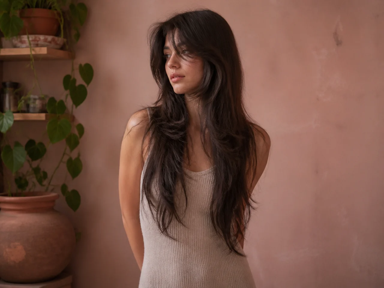 Waist length fine hair with wolf cut layering through the upper third