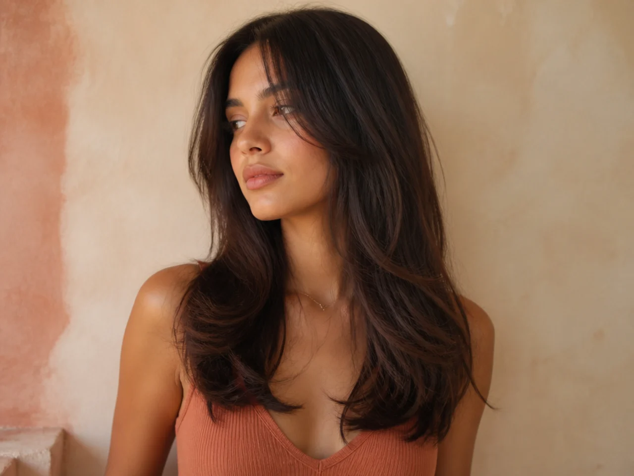 Long fine hair with the shortest layer starting below the collarbone