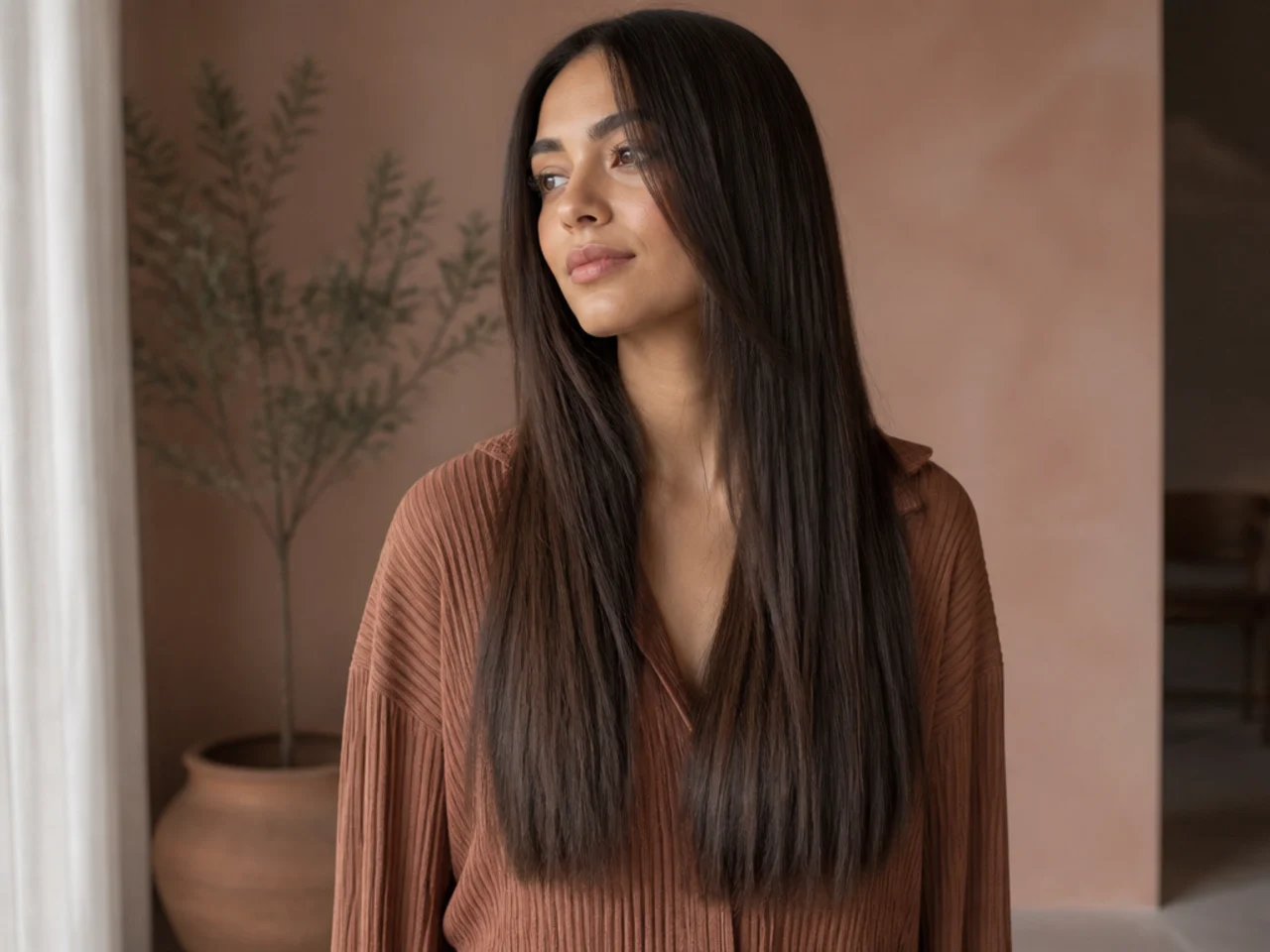 Long fine hair with a single length and point cut ends