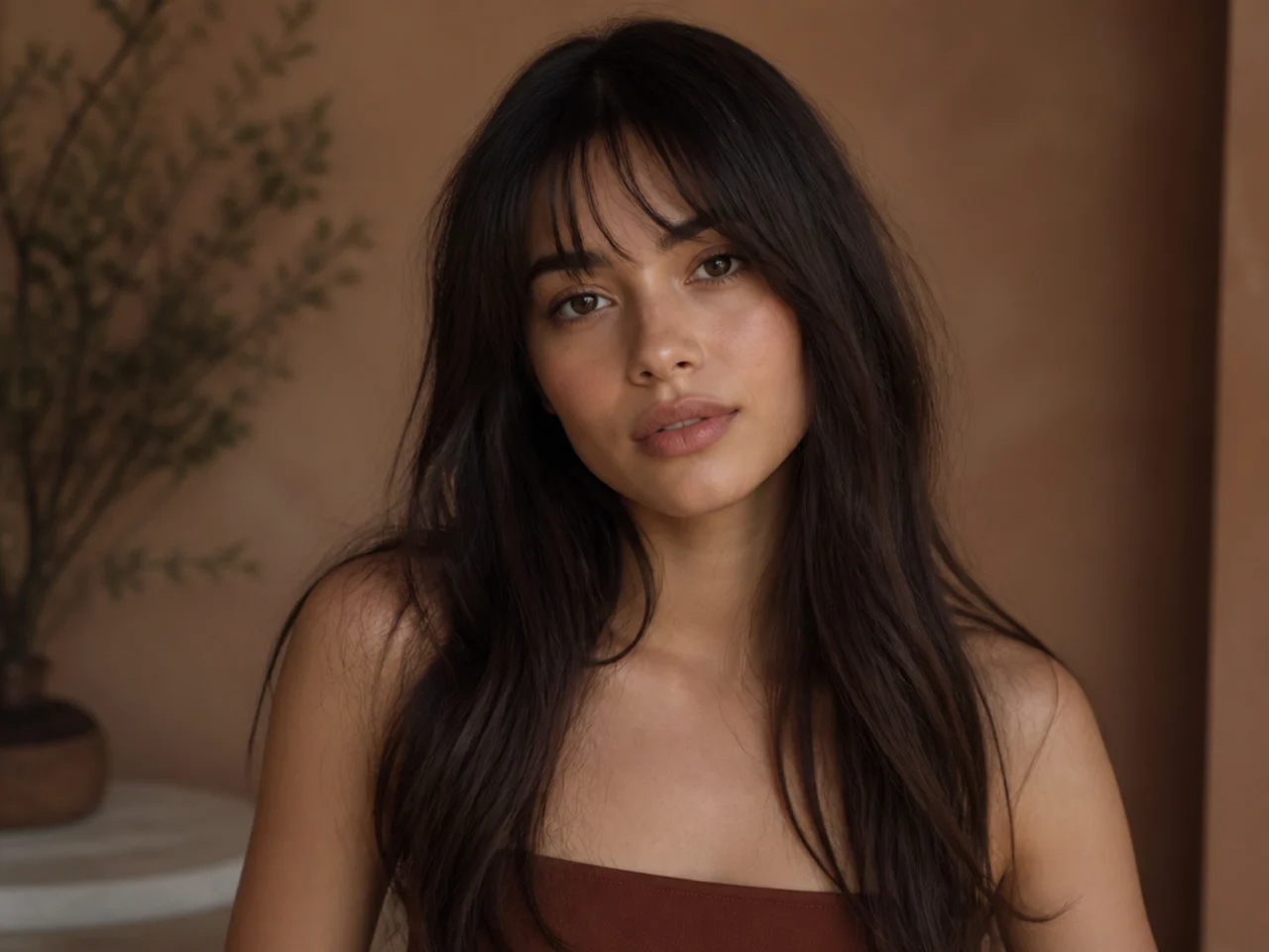 Long fine hair with a thin wispy fringe across the forehead
