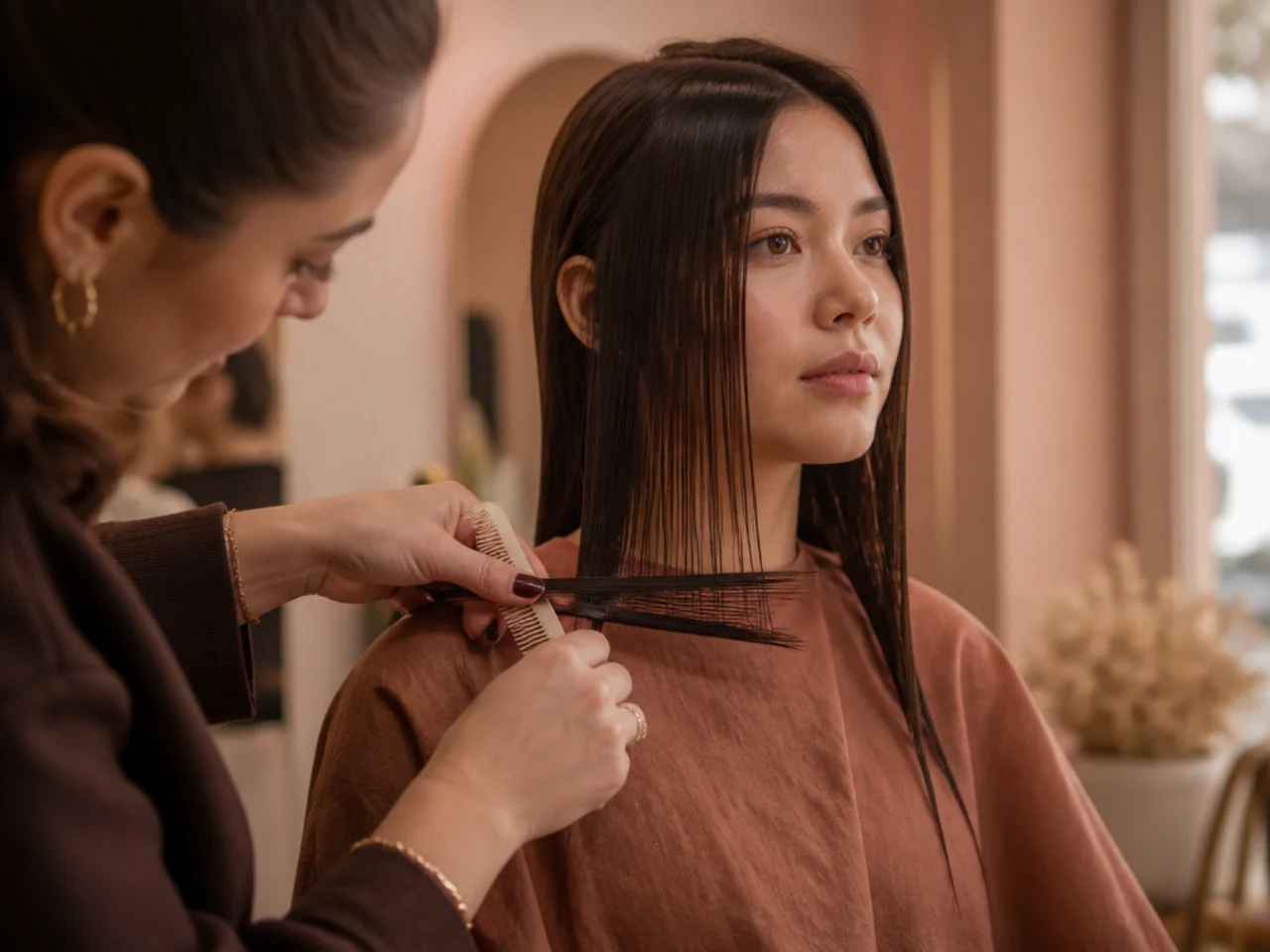 Stylist sectioning long fine hair at the collarbone to mark the shortest layer