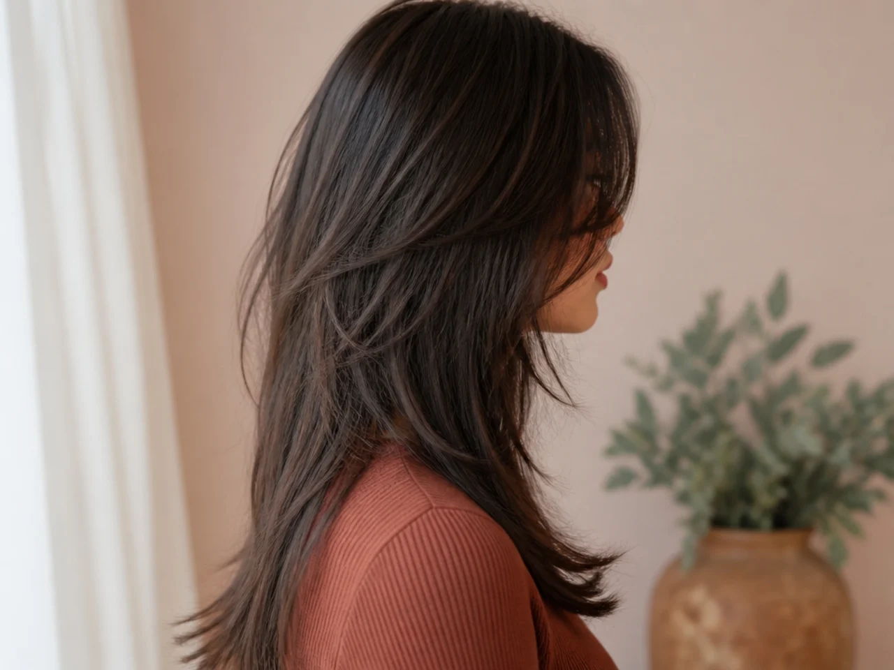 Side view of long fine hair showing short crown layers resting on longer lengths