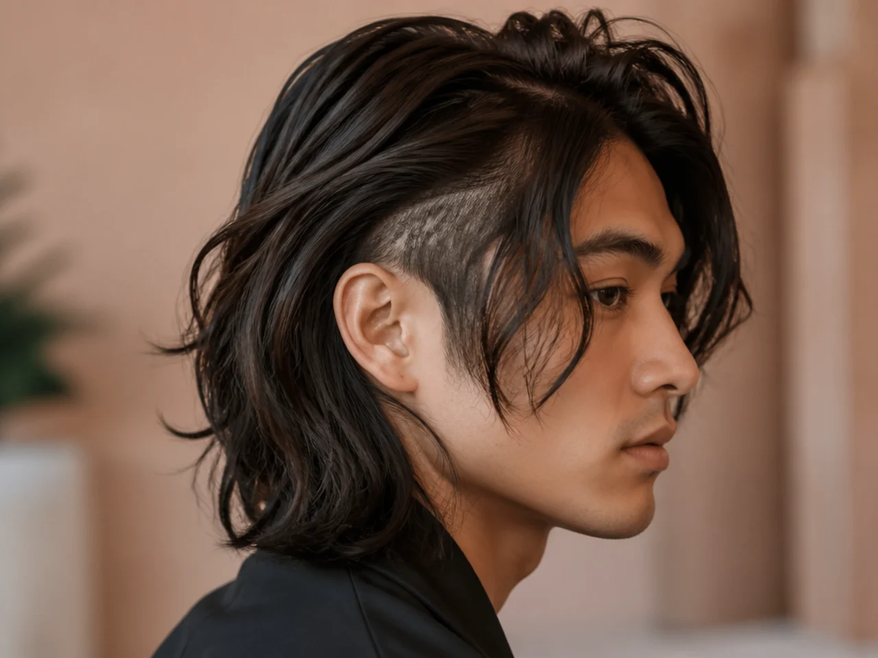 A hidden clipped panel behind the ear revealed under long layered hair