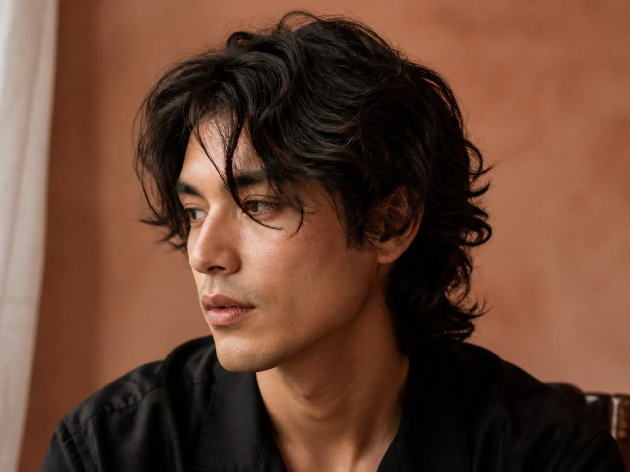 A wavy wolf cut with S bends running through thick mid length hair