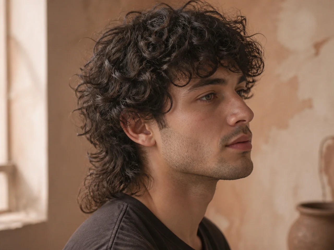 A curly wolf cut with defined spirals through the crown and longer curls at the back