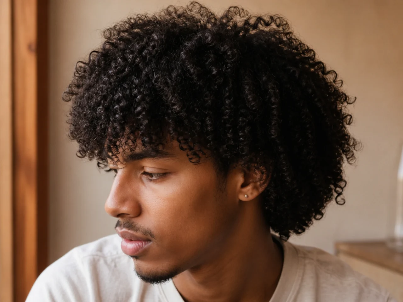 A coily wolf cut with dense tight coils shaped through the crown and sides
