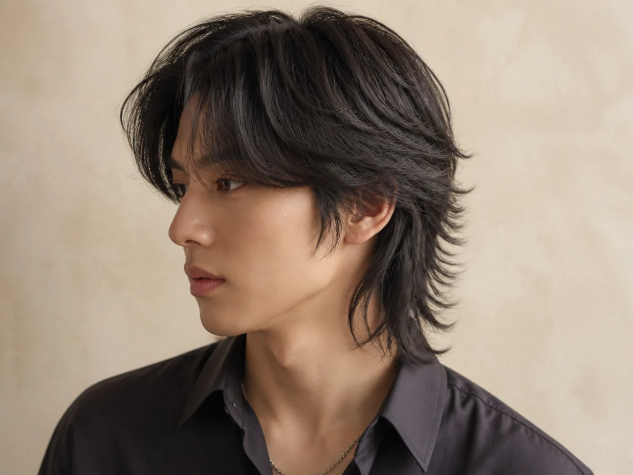 A wolf cut on thick straight hair with visible layer edges through the sides