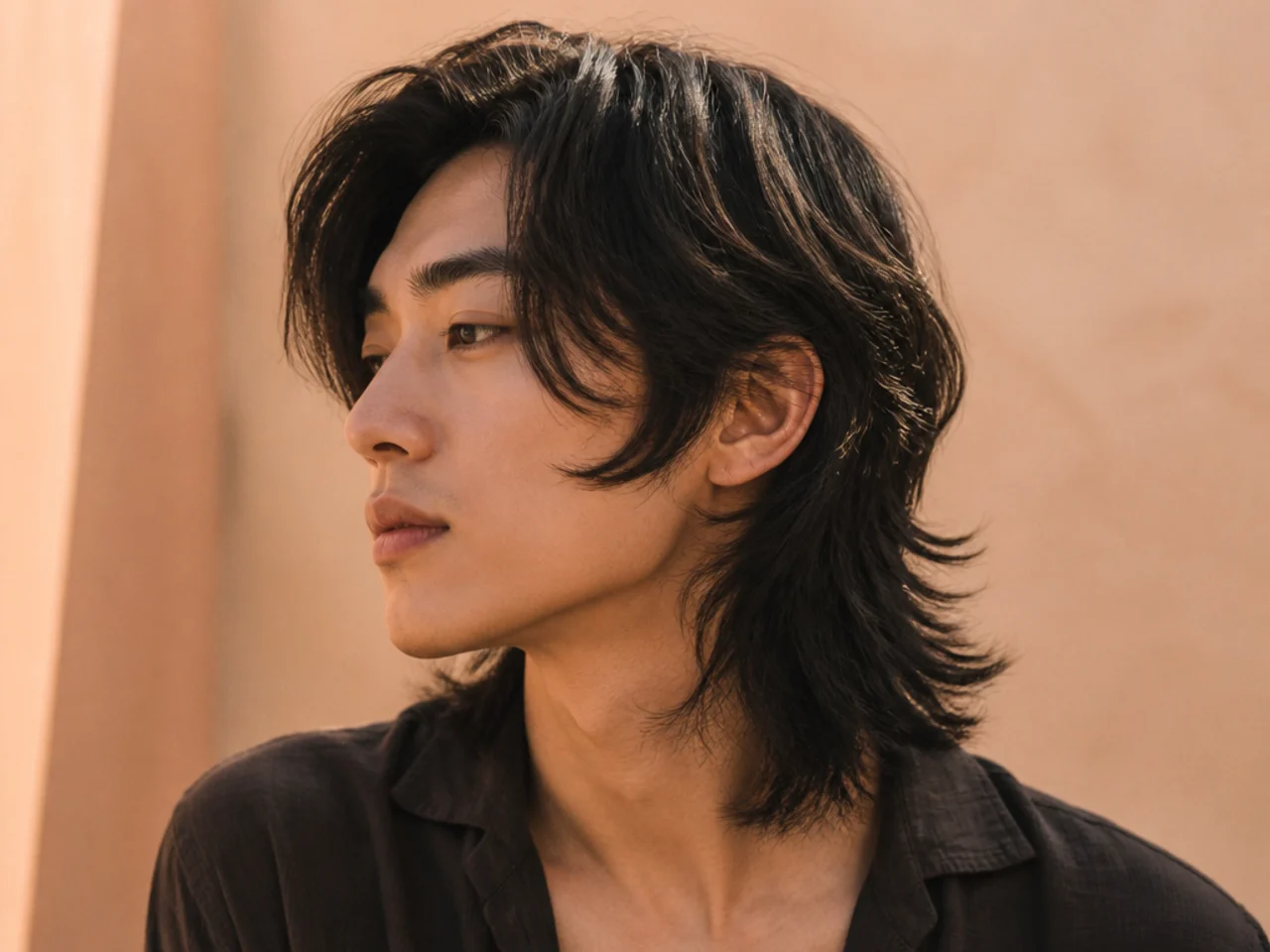 A comma shaped fringe curving in toward the cheekbone on a layered wolf cut