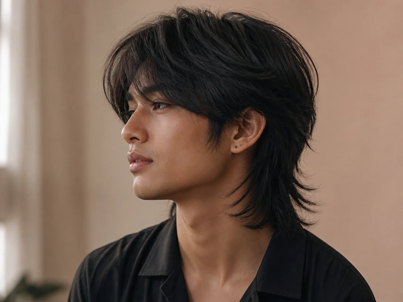 A wolf cut with a smooth top surface and hidden internal layering underneath