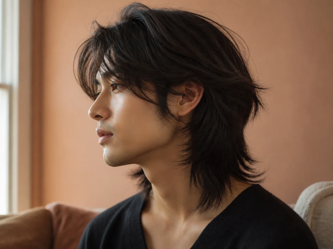 Long soft graduated layers on a thick haired wolf cut viewed from the side