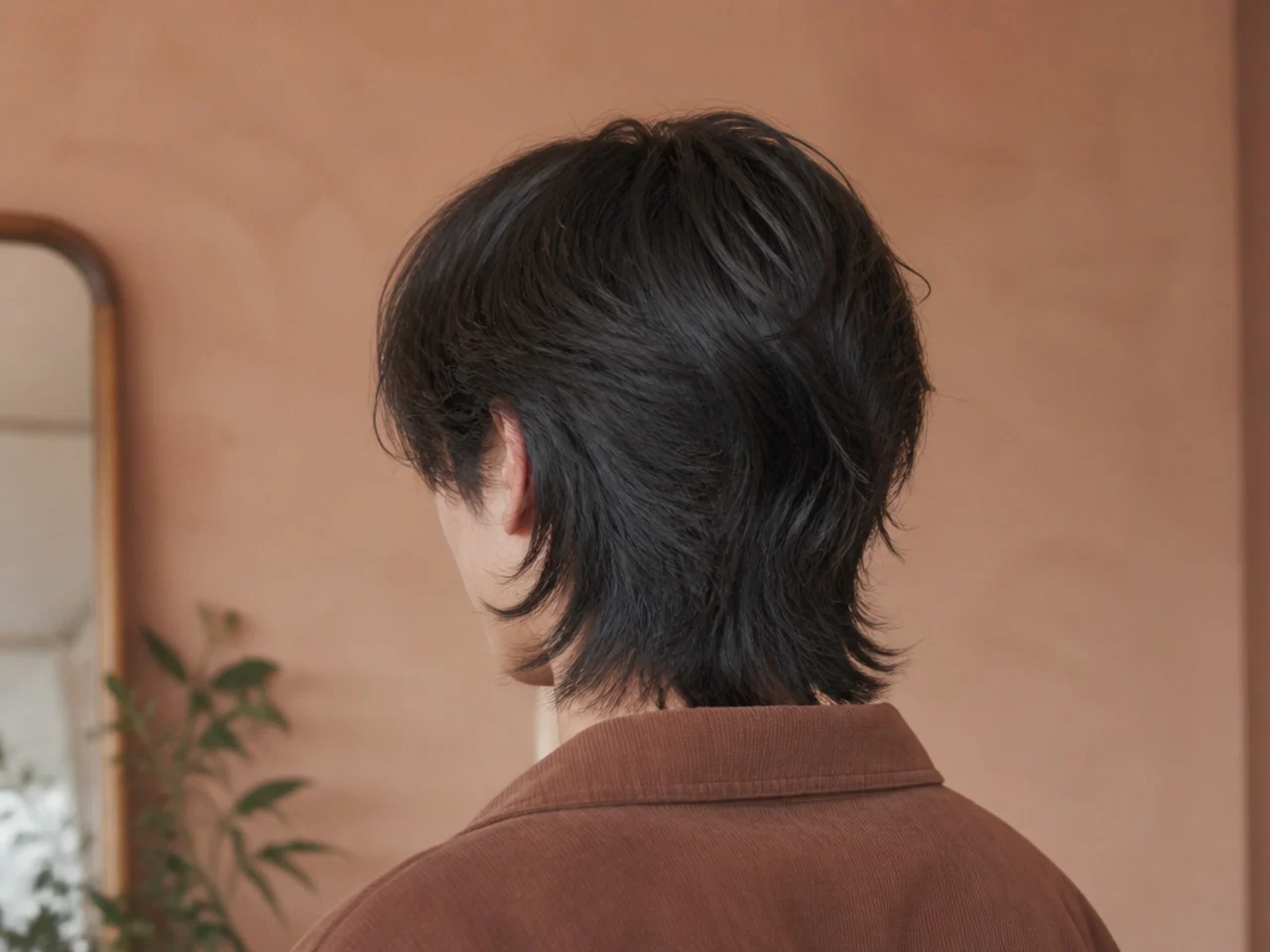 A wolf cut with a rounded perimeter seen from behind