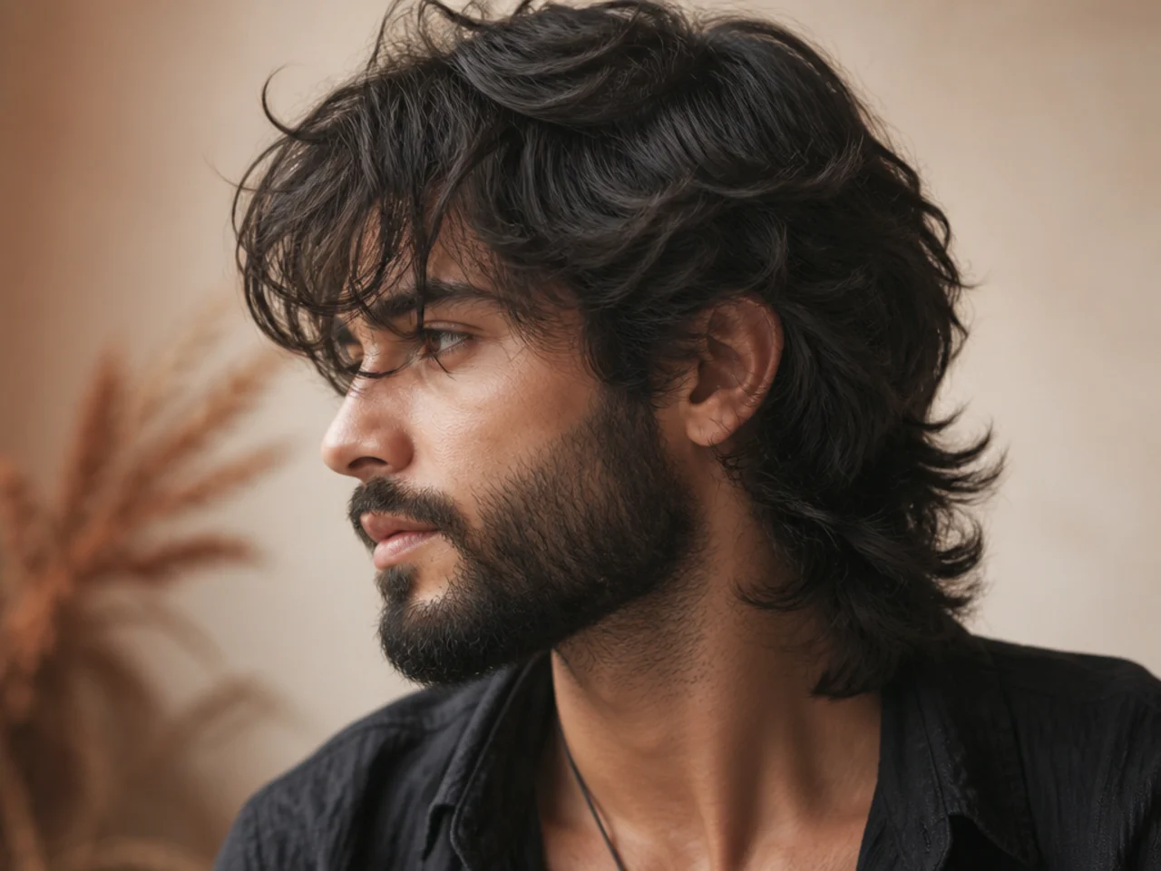 A layered wolf cut blending down the sideburn into a full beard