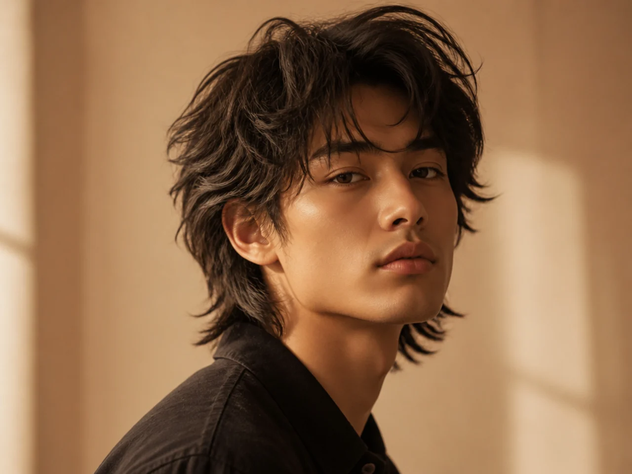 A blow dried wolf cut with lifted roots and separated layers on top