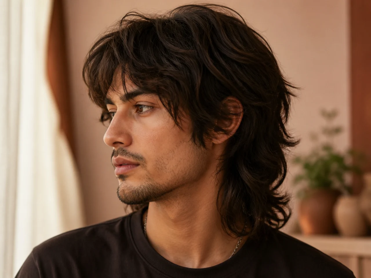 A long wolf cut with layered lengths falling past the collar at the back