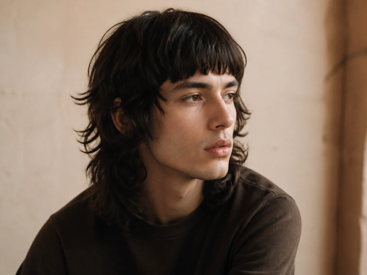 A wolf cut with a heavy blunt fringe cut level across the brow