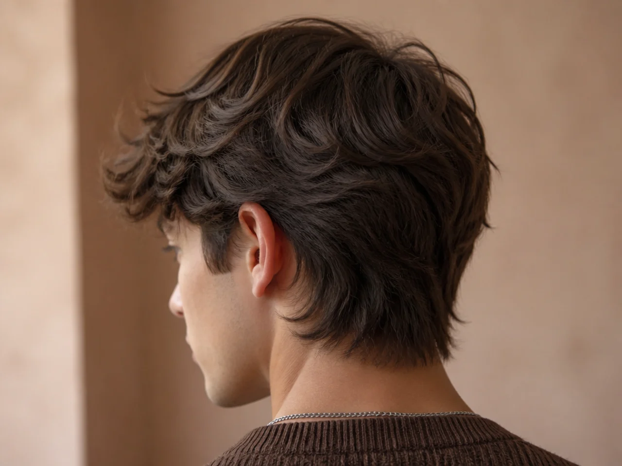 A tapered nape under a layered wolf cut with soft gradient at the neckline