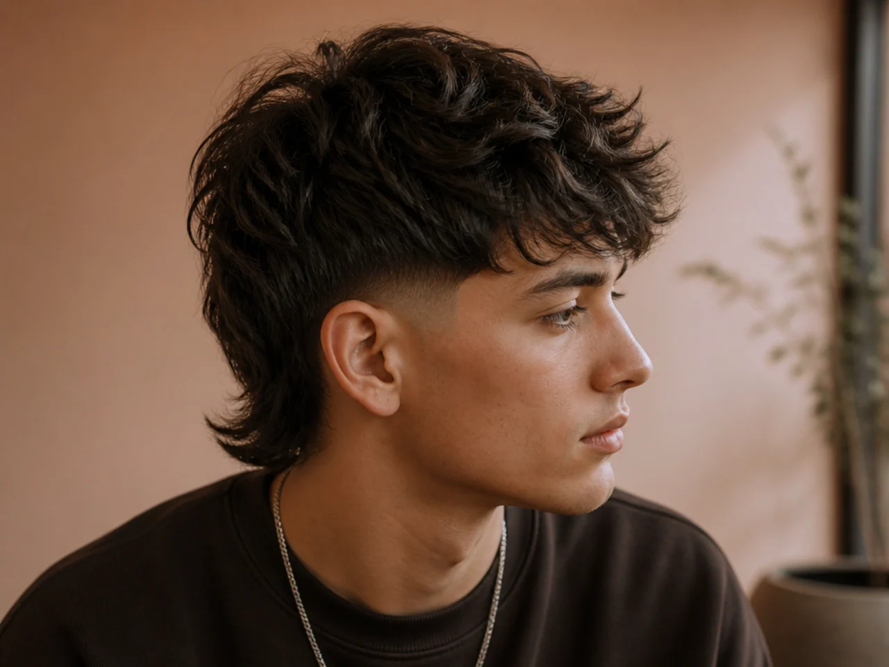 A wolf cut with a low fade running to skin above the ear