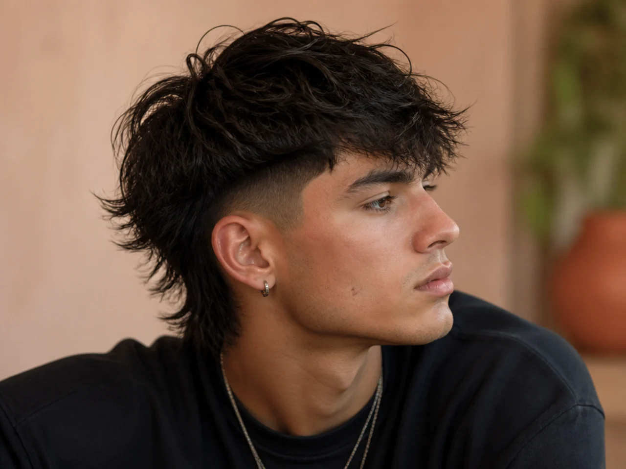 A wolf cut with a mid fade starting around the temple and sharp contrast above