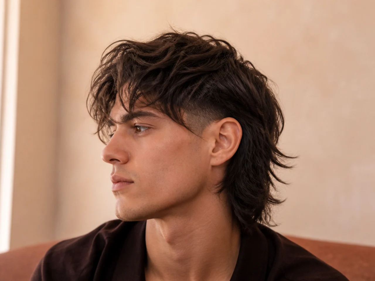 A wolf cut with disconnected clipped sides and long layers falling over them