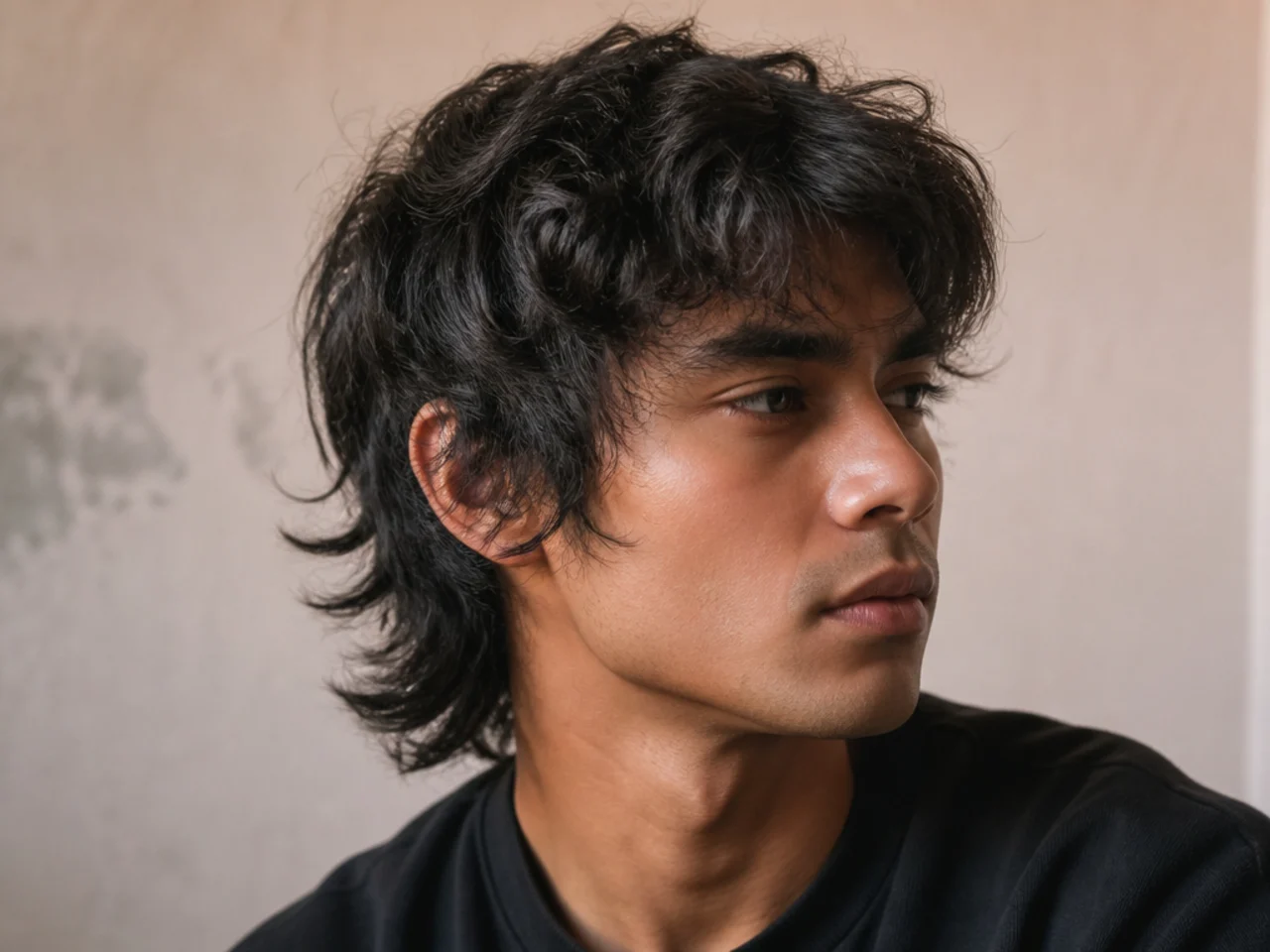 Three quarter view of a finished mens wolf cut on thick hair