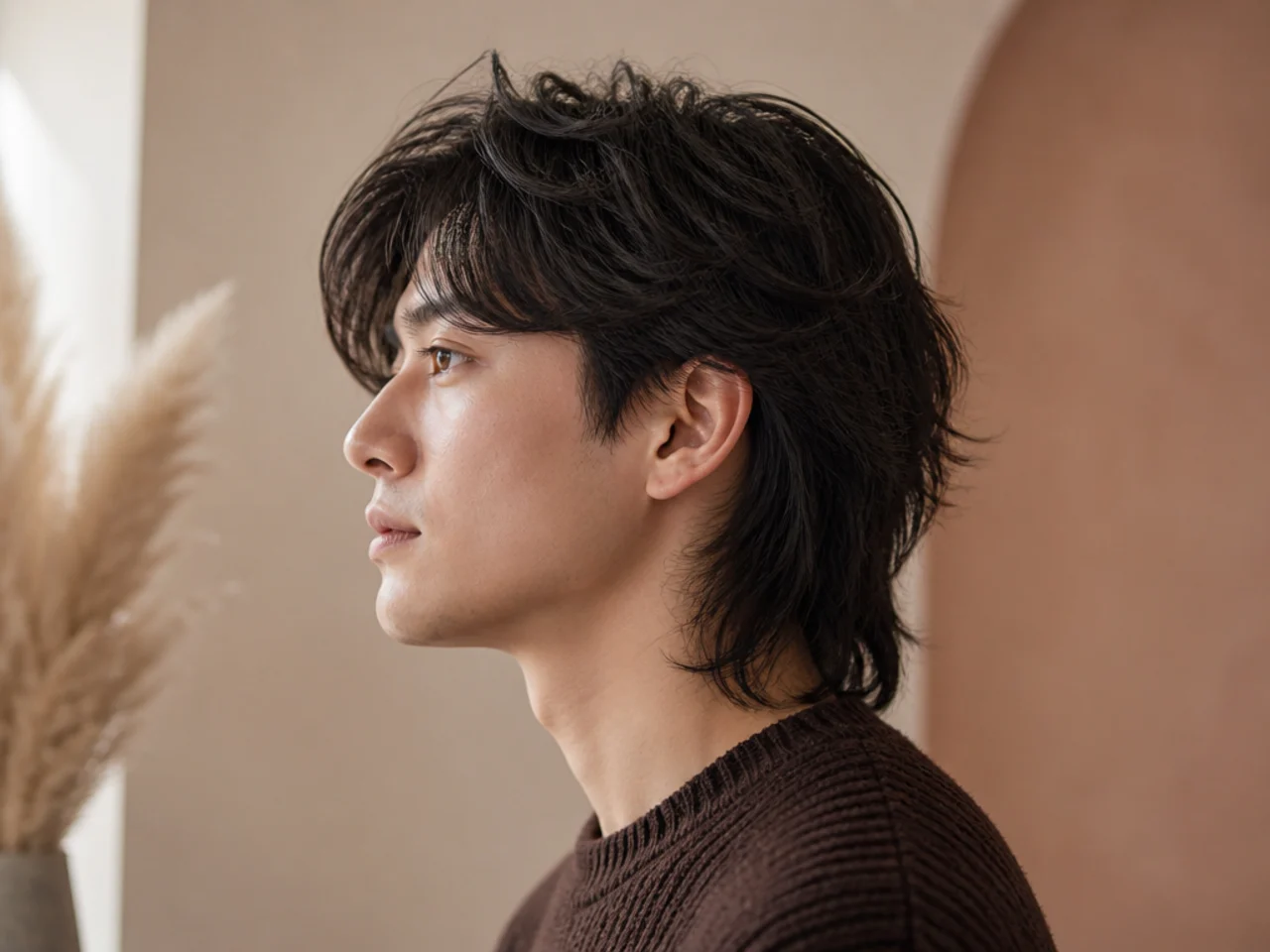 Side profile of a thick haired wolf cut showing short crown layers above longer ends