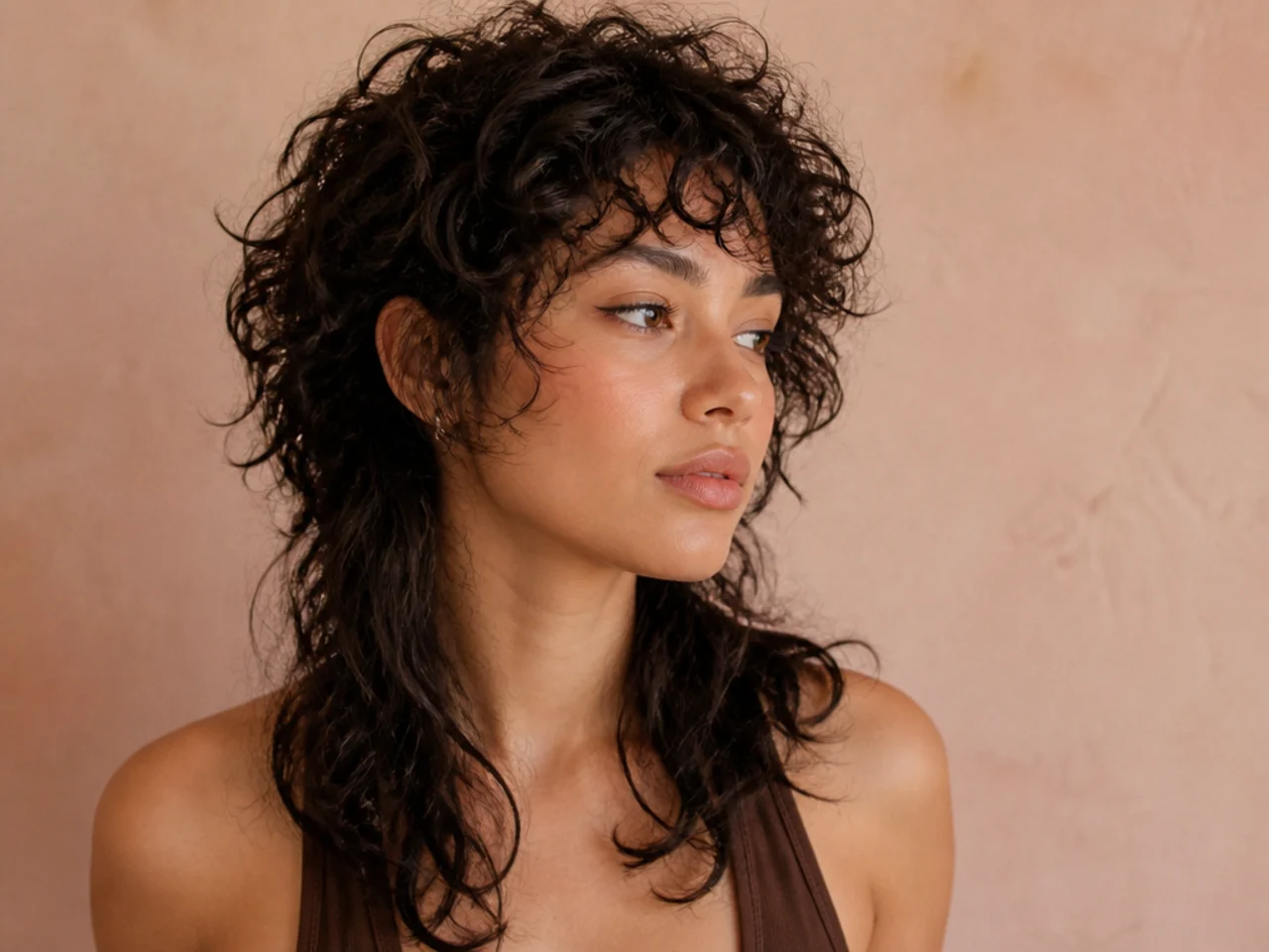 Hair with different curl patterns through the top and underneath cut into a wolf cut