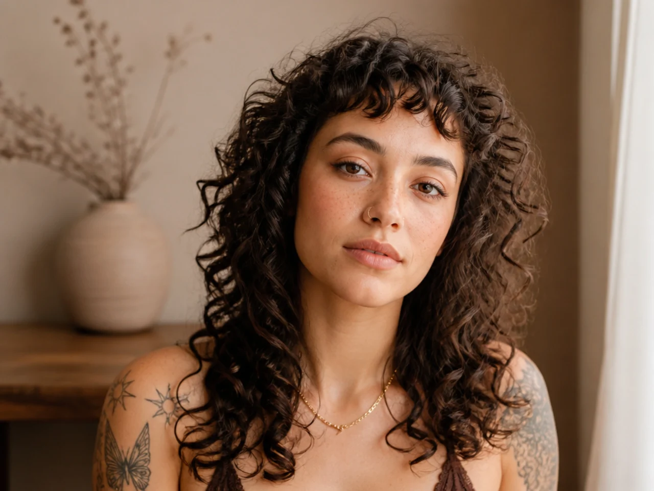 Curly wolf cut with very short curled bangs high on the forehead