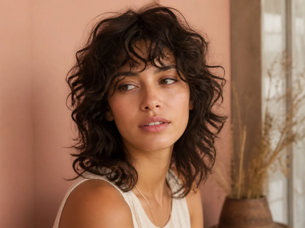 Curly wolf cut with a light see through fringe