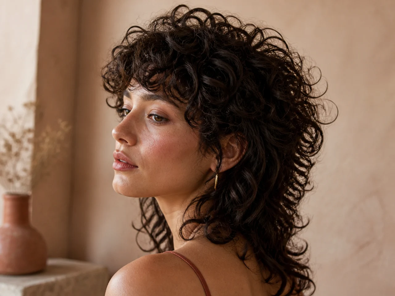Curly wolf cut with a dense band of short lifted curls at the crown