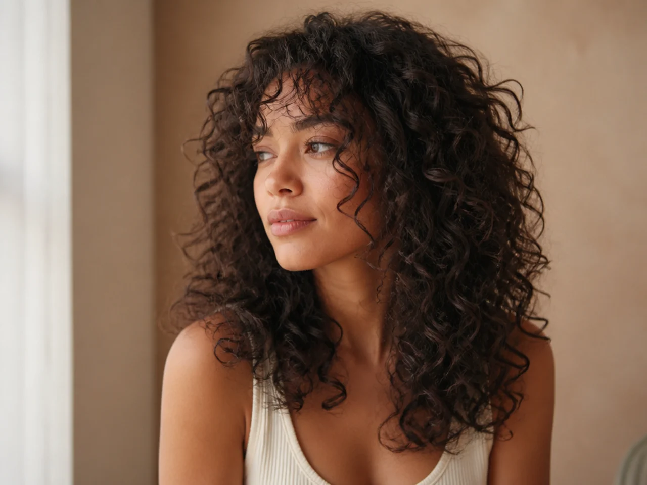 Curly hair with a few long soft layers and gentle graduation