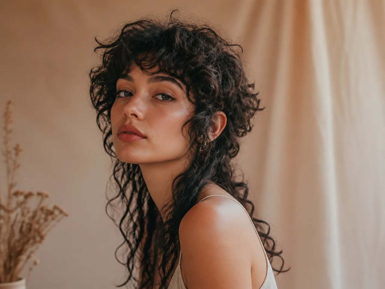 Curly wolf cut with a visible gap between short crown pieces and long lengths