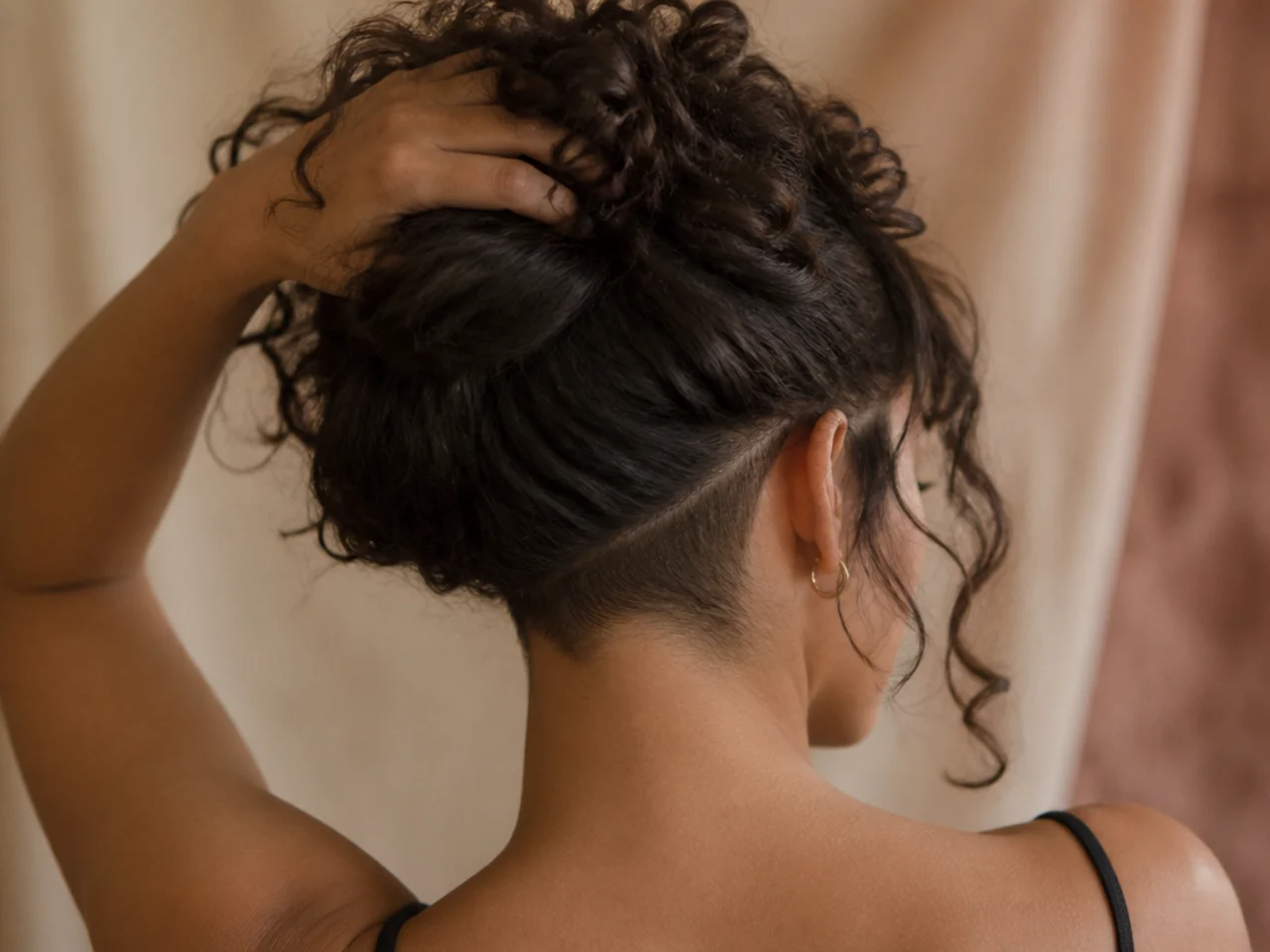 Curly wolf cut lifted to show a hidden undercut at the nape
