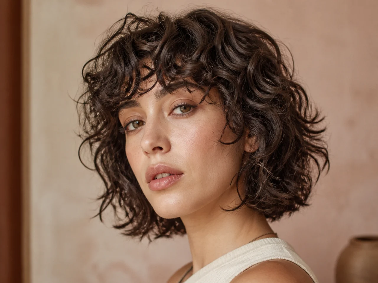 Curly wolf cut with dry curls ending level with the chin