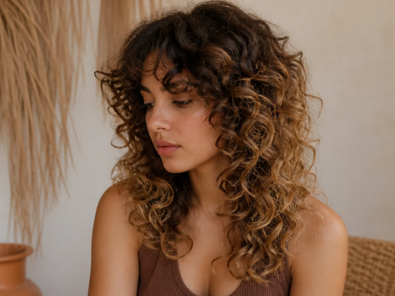 Curly wolf cut with lightened ends fading from a darker root