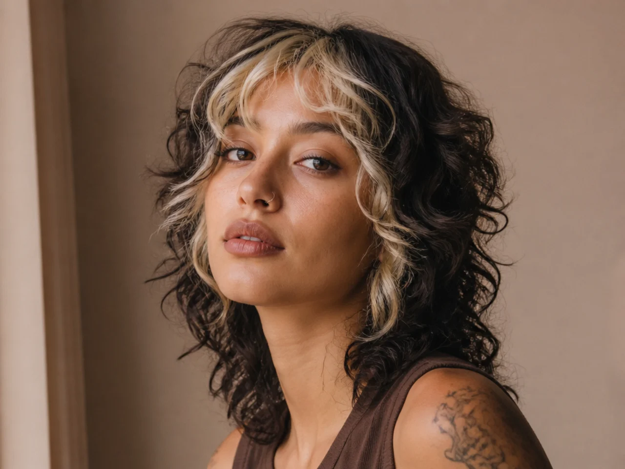 Curly wolf cut with two bright lightened sections at the front